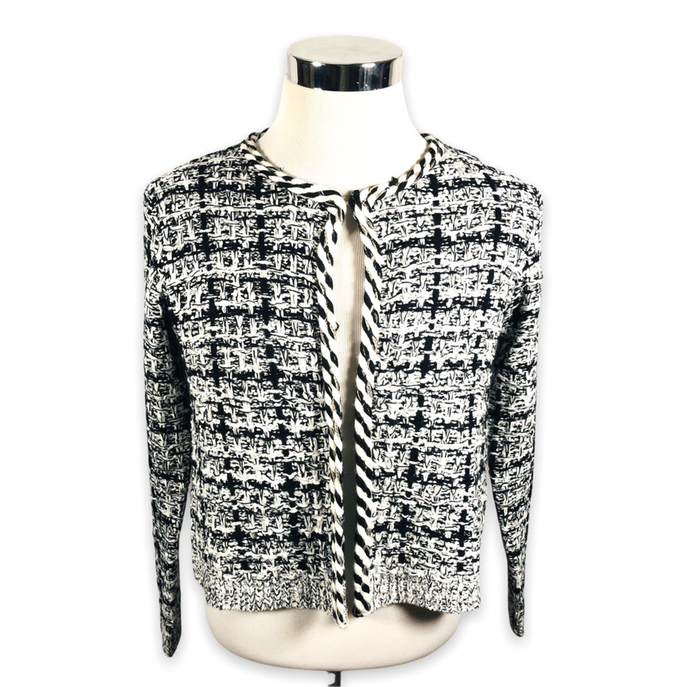 Sioni Tweed Blazer Cardigan Jacket‎ Womens Small Marled Hook And Eye White Black